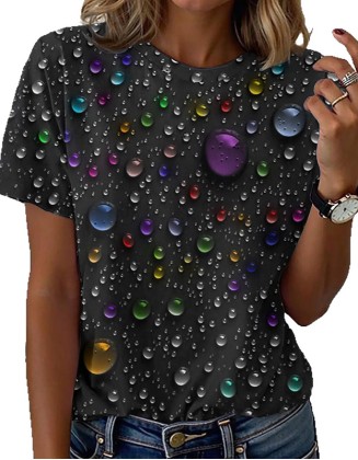 Hot Bubble Printed T-Shirts Ladies Spring And Summer Round Neck Short Sleeves