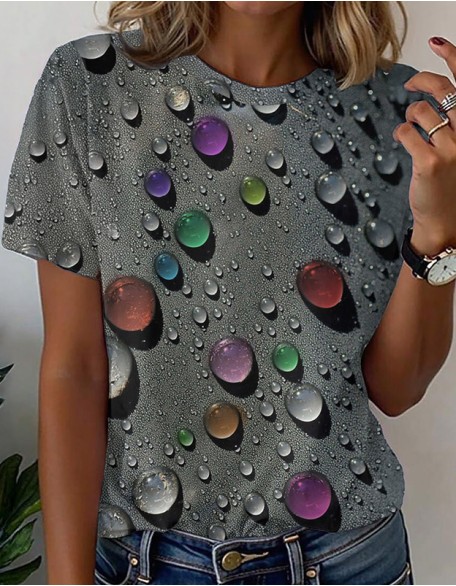 Hot Bubble Printed T-Shirts Ladies Spring And Summer Round Neck Short Sleeves