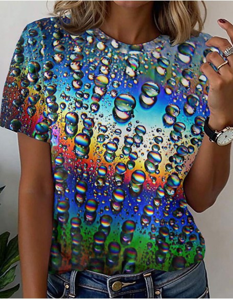Hot Bubble Printed T-Shirts Ladies Spring And Summer Round Neck Short Sleeves
