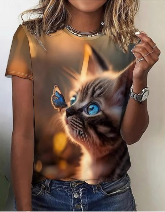 Kitten Butterfly Creative Pattern T Shirt 3d Digital Print Loose Casual Crew Neck Top