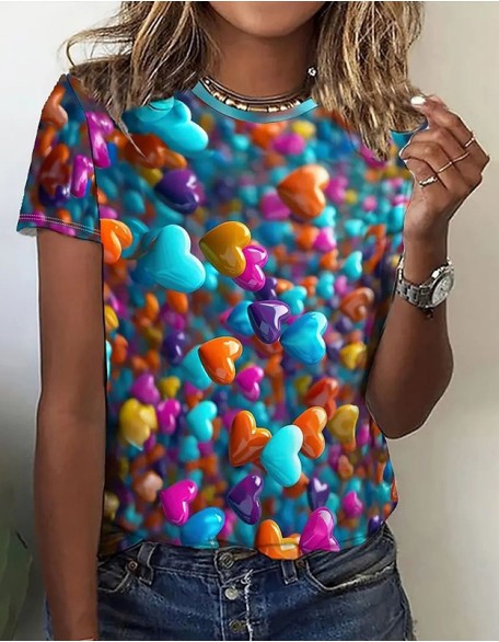 Ladies Trend Breathable Loose T-Shirt Color Stereo Treasure Love Stone Design 3d Digital Printing Top