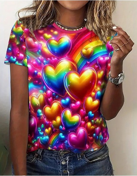 Ladies Trend Breathable Loose T-Shirt Color Stereo Treasure Love Stone Design 3d Digital Printing Top