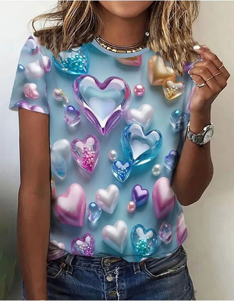 Ladies Trend Breathable Loose T-Shirt Color Stereo Treasure Love Stone Design 3d Digital Printing Top