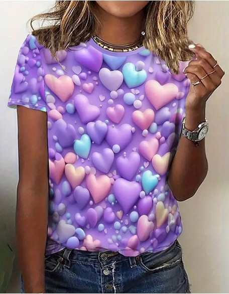 Ladies Trend Breathable Loose T-Shirt Color Stereo Treasure Love Stone Design 3d Digital Printing Top