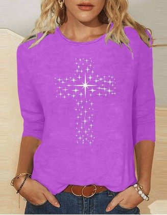 Ladies' Thick Cross Printed T-Shirt Daily Weekend Basic Round Neck Shirt