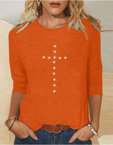 Ladies' Thin Cross Printed T-Shirt Daily Weekend Basic Round Neck Shirt