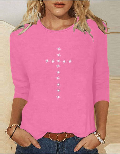 Ladies' Thin Cross Printed T-Shirt Daily Weekend Basic Round Neck Shirt