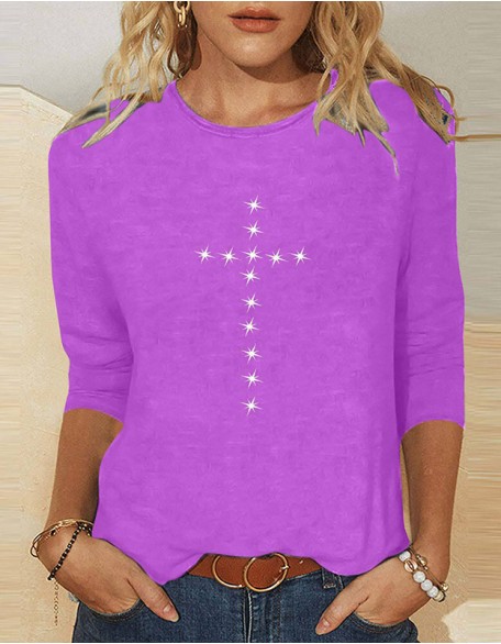 Ladies' Thin Cross Printed T-Shirt Daily Weekend Basic Round Neck Shirt