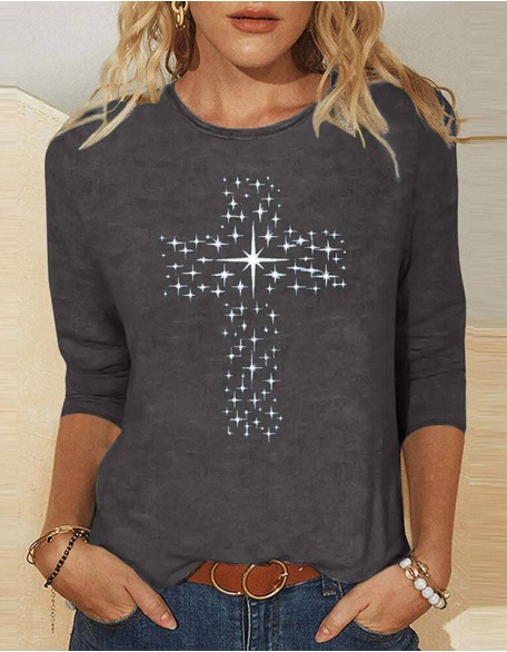 Ladies' Thick Cross Printed T-Shirt Daily Weekend Basic Round Neck Shirt