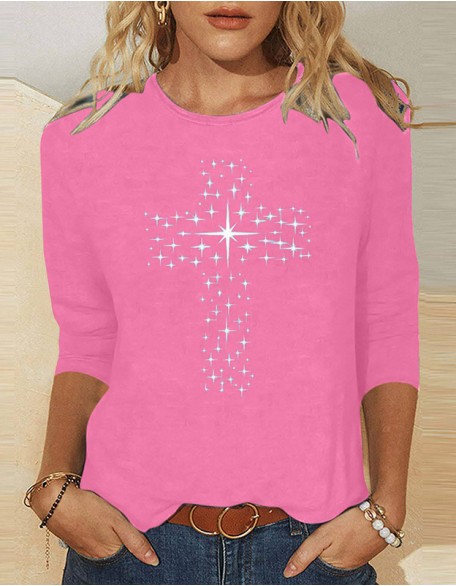 Ladies' Thick Cross Printed T-Shirt Daily Weekend Basic Round Neck Shirt