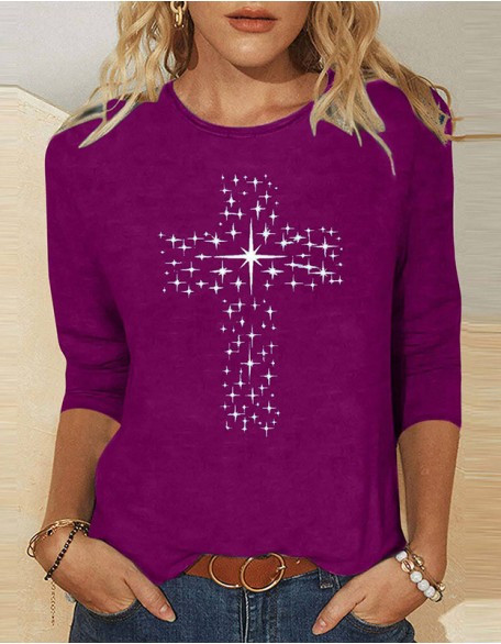 Ladies' Thick Cross Printed T-Shirt Daily Weekend Basic Round Neck Shirt