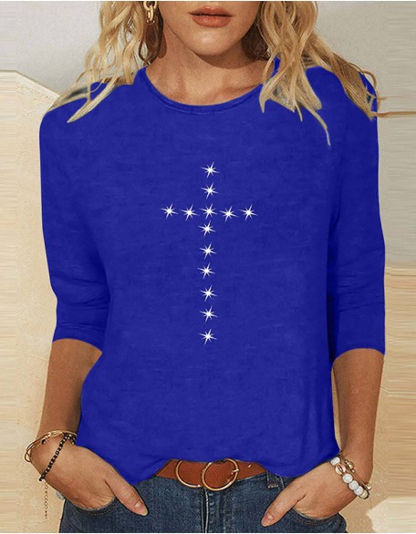 Ladies' Thin Cross Printed T-Shirt Daily Weekend Basic Round Neck Shirt