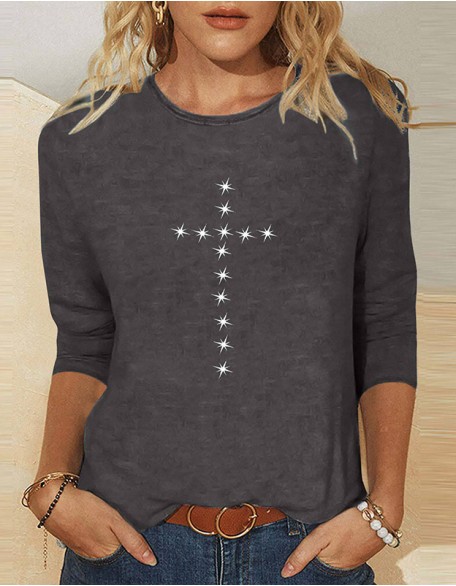 Ladies' Thin Cross Printed T-Shirt Daily Weekend Basic Round Neck Shirt