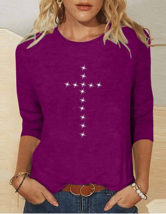 Ladies' Thin Cross Printed T-Shirt Daily Weekend Basic Round Neck Shirt