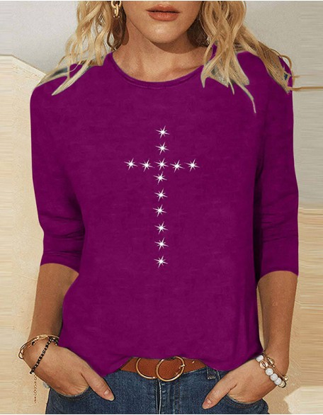 Ladies' Thin Cross Printed T-Shirt Daily Weekend Basic Round Neck Shirt