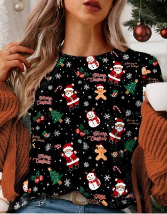 Ladies Christmas 3d Printing Trend T-Shirt Shoulder Round Neck Loose Short Sleeves