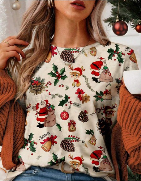 Ladies Christmas 3d Printing Trend T-Shirt Shoulder Round Neck Loose Short Sleeves