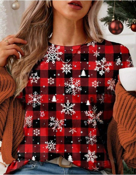 Ladies Christmas 3d Printing Trend T-Shirt Shoulder Round Neck Loose Short Sleeves