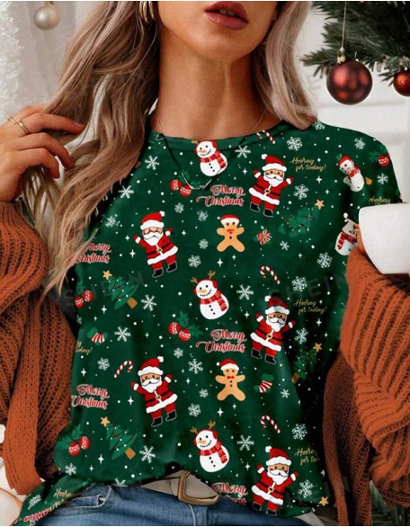 Ladies Christmas 3d Printing Trend T-Shirt Shoulder Round Neck Loose Short Sleeves