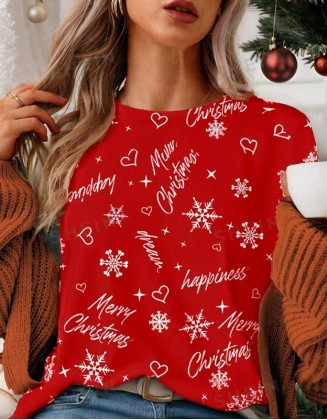 Ladies Christmas 3d Printing Trend T-Shirt Shoulder Round Neck Loose Short Sleeves