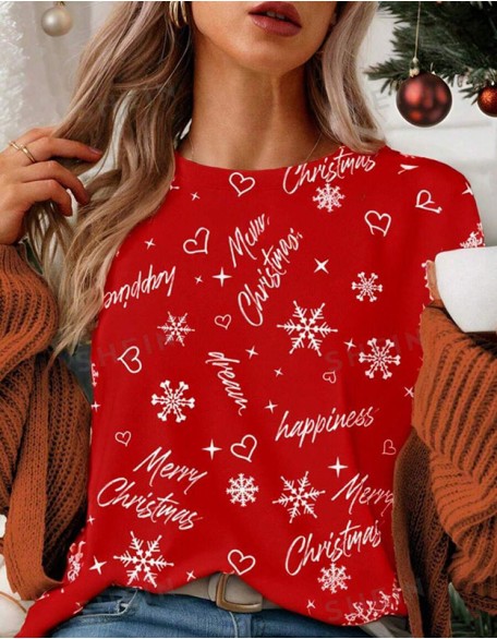 Ladies Christmas 3d Printing Trend T-Shirt Shoulder Round Neck Loose Short Sleeves