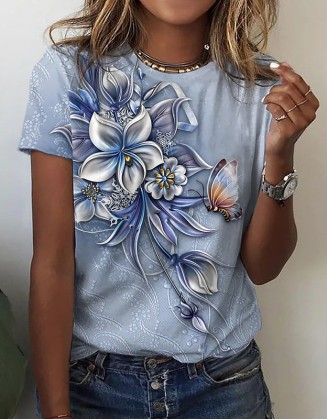 Ladies Flower Painted T Shirt Leisure Holiday Basic Round Neck Flower Printed Short Sleeves