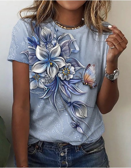 Ladies Flower Painted T Shirt Leisure Holiday Basic Round Neck Flower Printed Short Sleeves