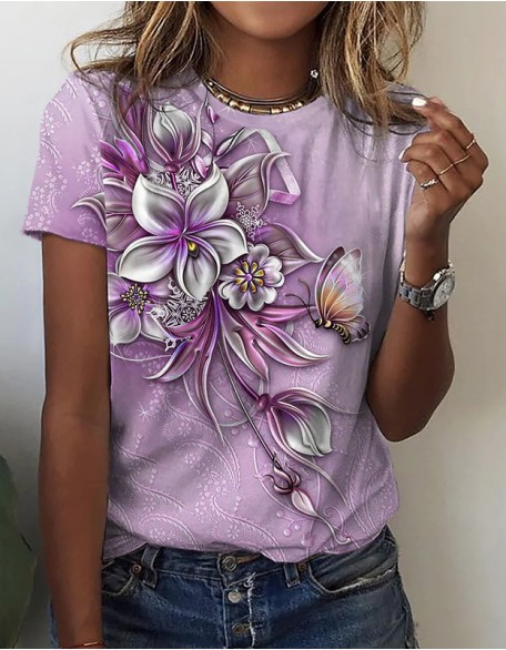 Ladies Flower Painted T Shirt Leisure Holiday Basic Round Neck Flower Printed Short Sleeves