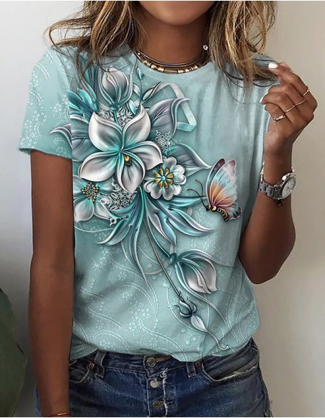 Ladies Flower Painted T Shirt Leisure Holiday Basic Round Neck Flower Printed Short Sleeves