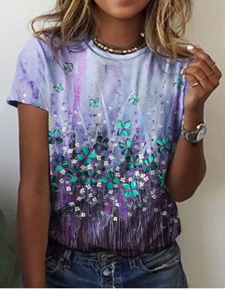 Ladies Flower Printed T Shirt Leisure Holiday Basic Round Neck Short Sleeve Pink Blue Yellow