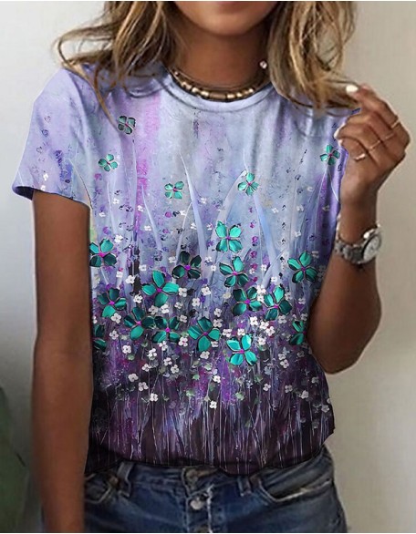 Ladies Flower Printed T Shirt Leisure Holiday Basic Round Neck Short Sleeve Pink Blue Yellow