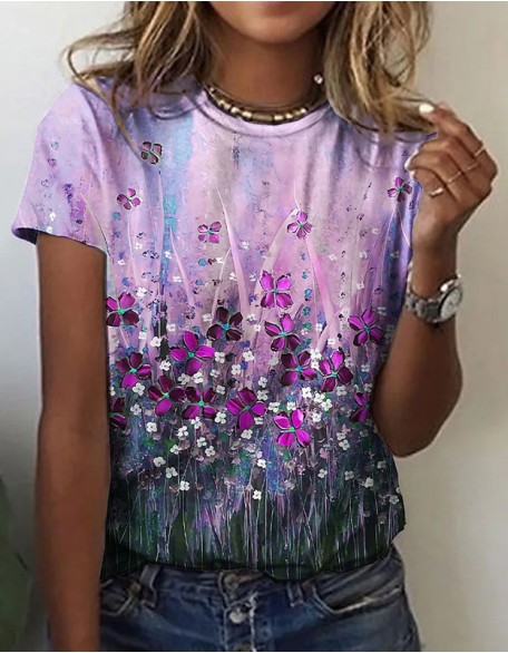 Ladies Flower Printed T Shirt Leisure Holiday Basic Round Neck Short Sleeve Pink Blue Yellow
