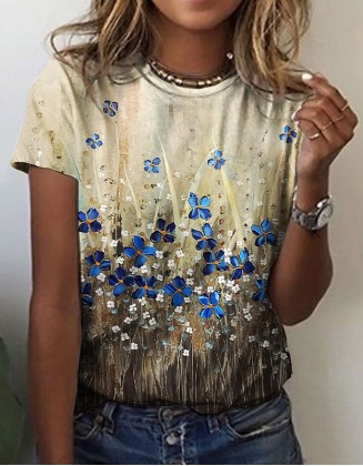 Ladies Flower Printed T Shirt Leisure Holiday Basic Round Neck Short Sleeve Pink Blue Yellow