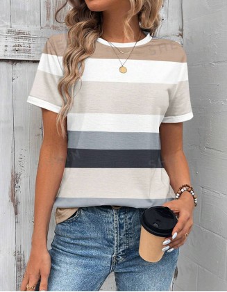 Ladies Multicolor Horizontal Stripe Printed T-Shirt Round Neck Loose Short Sleeve
