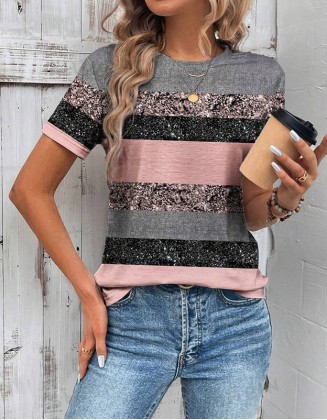 Ladies Multicolor Horizontal Stripe Printed T-Shirt Round Neck Loose Short Sleeve