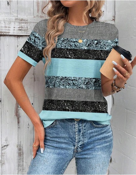 Ladies Multicolor Horizontal Stripe Printed T-Shirt Round Neck Loose Short Sleeve
