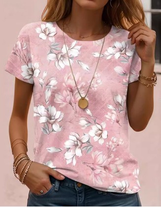 Ladies Summer Printed T Shirt Casual Round Neck Short Sleeve