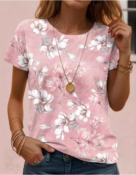 Ladies Summer Printed T Shirt Casual Round Neck Short Sleeve