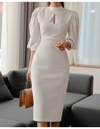 Length Sleeve Pure Color Hollow Women's Party Dress Work Dress