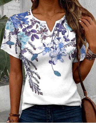 New Plants Flowers Pattern V Neck T Shirt Fashion Elegant Short Sleeves