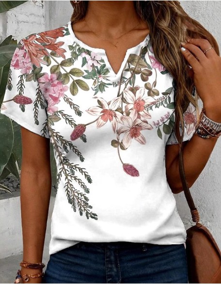 New Plants Flowers Pattern V Neck T Shirt Fashion Elegant Short Sleeves