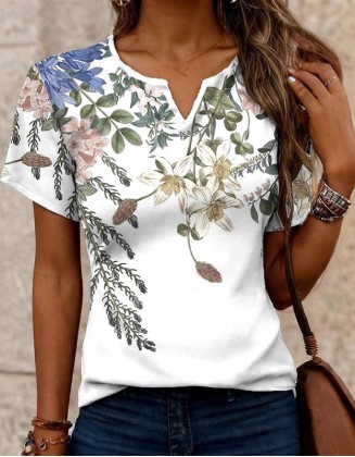 New Plants Flowers Pattern V Neck T Shirt Fashion Elegant Short Sleeves