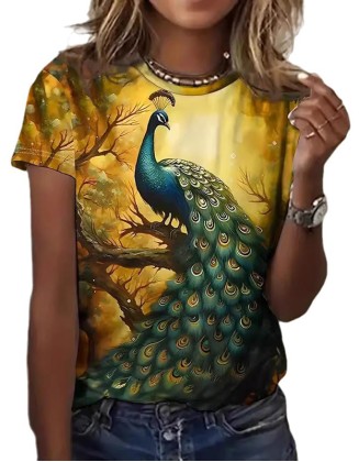 Peacock 3d Printed T-Shirt Ladies Milk Silk Short Sleeves