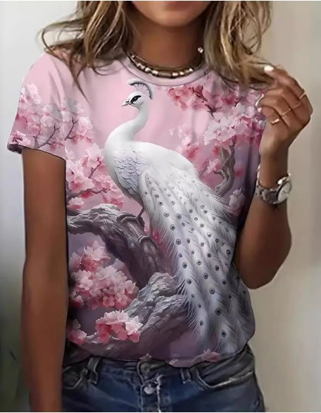 Peacock 3d Printed T-Shirt Ladies Milk Silk Short Sleeves