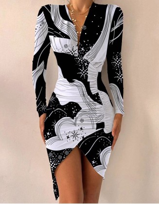 Print Long Sleeve Bodycon Irregular Dresses