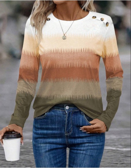 Printed Slim Horizontal Striped T Shirt Casual Round Neck Long Sleeve Shirt