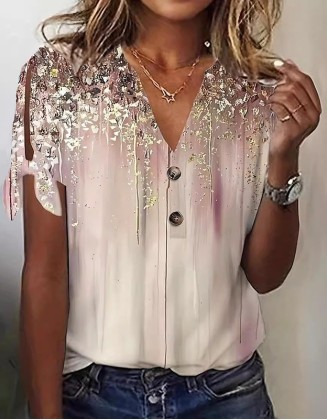 Printed V Neck T Shirt Fashion Button Basic Daily Short Sleeve