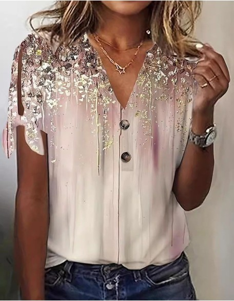 Printed V Neck T Shirt Fashion Button Basic Daily Short Sleeve