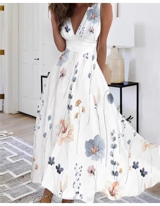 Printed V-neck Sleeveless High Waist Dress Women's Casual Dress Swing Dress Floral Print Maxi long Dress