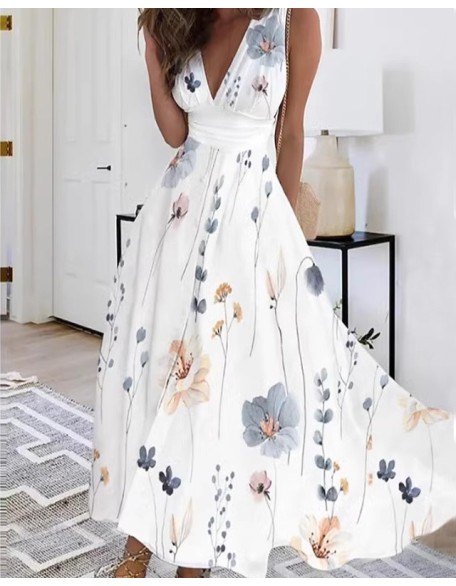 Printed V-neck Sleeveless High Waist Dress Women's Casual Dress Swing Dress Floral Print Maxi long Dress